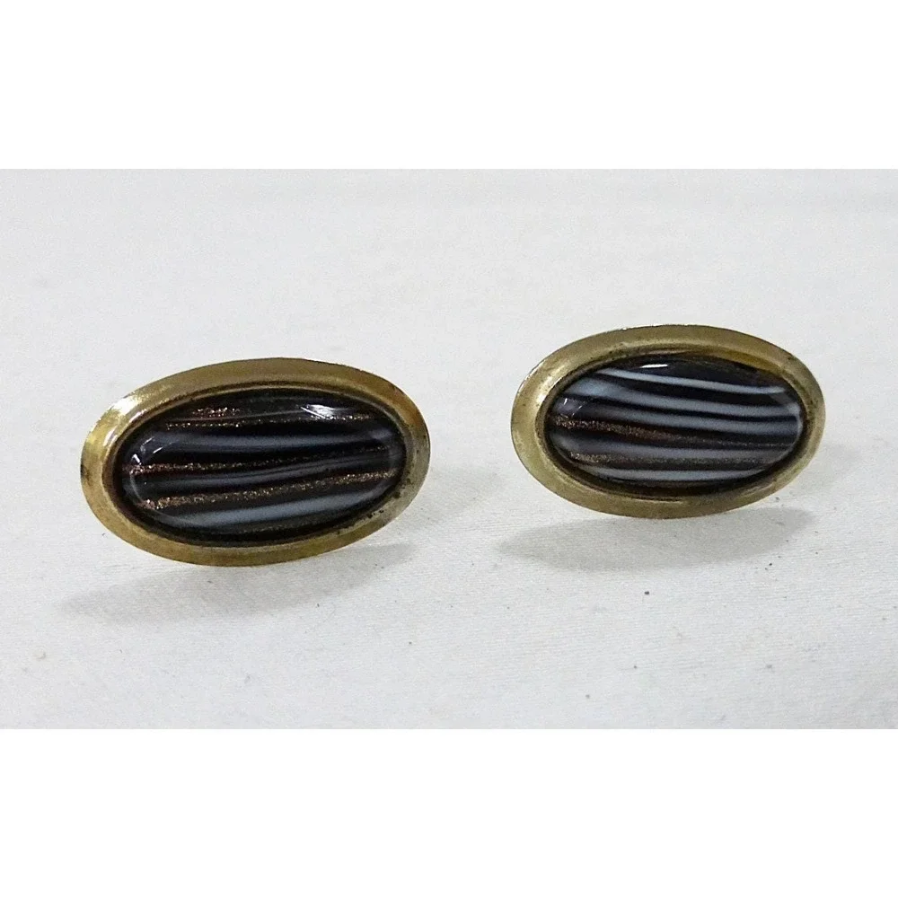 Vintage cufflinks art glass oval filigree black white gold preppy academia
